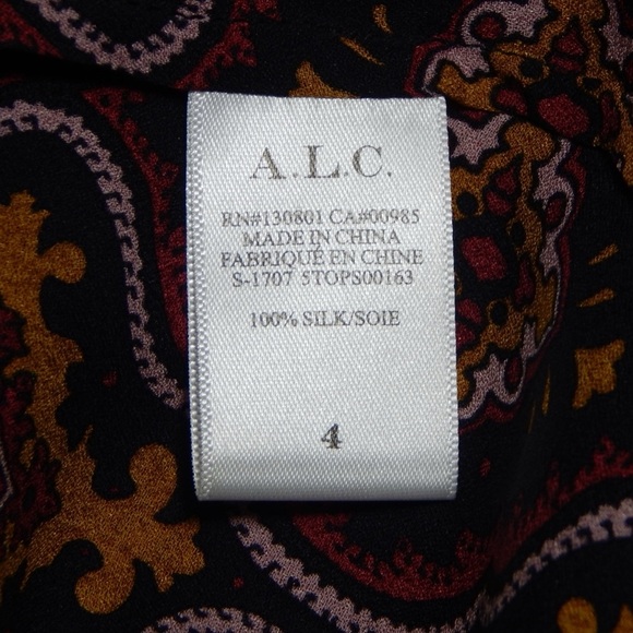 A.L.C. Aubrey Medallion Print Silk Button Down Shirt Top Maroon/Gold Size 4 - Picture 6 of 7